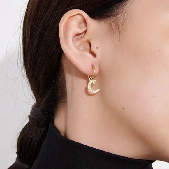 New 18K Gold Plated Diamond Moon Star Huggie Hoop Earrings - Picture 3 of 9